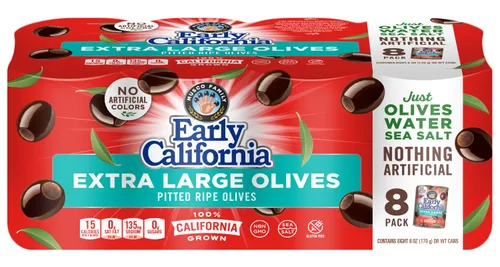 Vista 2 de Early California Aceitunas maduras extra grandes sin hueso, paquete de 8, latas de 6 onzas