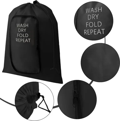 Vista 2 de 2 piezas de bolsa de lavandería de viaje, lavable, para ropa sucia, con cordón y cremallera para maleta, 22 x 18 pulgadas (negro, clásico)