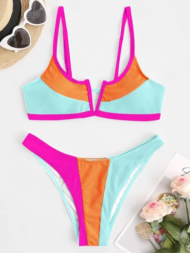 Vista 2 de ZAFUL - Conjunto de bikini de corte alto para mujer, traje de baño de dos piezas acanalado con aro en V