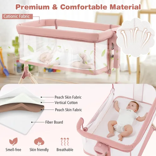 Vista 5 de BABY JOY Cuna, moisés de 3 en 1 con función de mecer al lado de la cama con cesta de almacenamiento, ruedas universales, altura ajustable, colchón