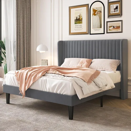 Vista 10 de SHA CERLIN Base de cama de terciopelo de tamaño matrimonial con cabecera capitoné de canal vertical, plataforma tapizada con listones de madera,