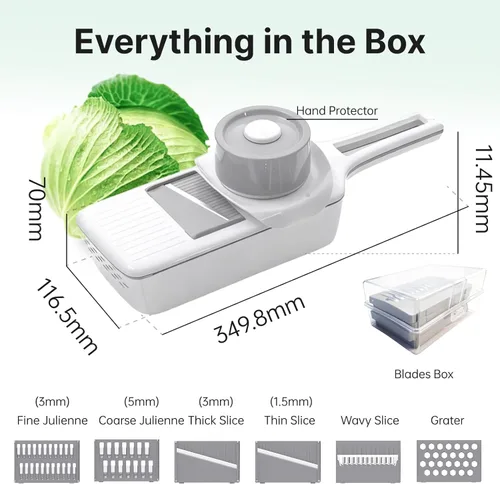 Vista 9 de ZKIRON Cortador de mandolina para cocina con caja de drenaje, rebanador de verduras de mano 6 en 1 para preparación de ensaladas, cortador de pepino
