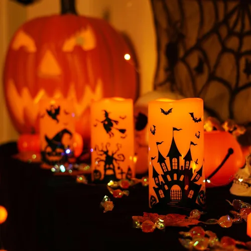 Vista 5 de Homemory Velas de Halloween, Velas sin llama naranjas, Velas LED de pilas con calabaza de Halloween, velas de pilas con control remoto