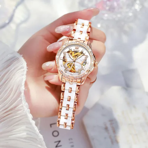 Vista 4 de OLEVS Elegante reloj automático para mujer elegante de cara grande con diamante resistente al agua correa de cerámica de acero inoxidable de dos