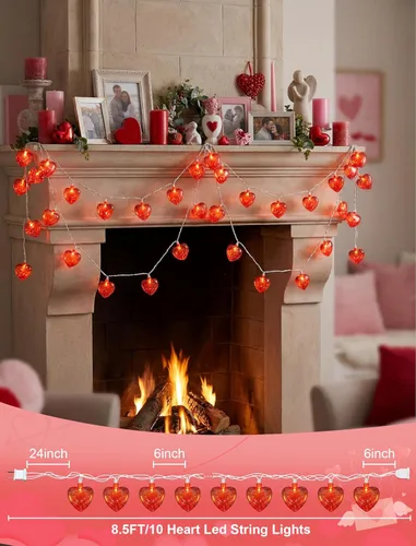 Vista 2 de Luces de corazón rojo de San Valentín de 8.5 pies con 10 luces brillantes en forma de corazón, decoraciones del día de San Valentín, luces