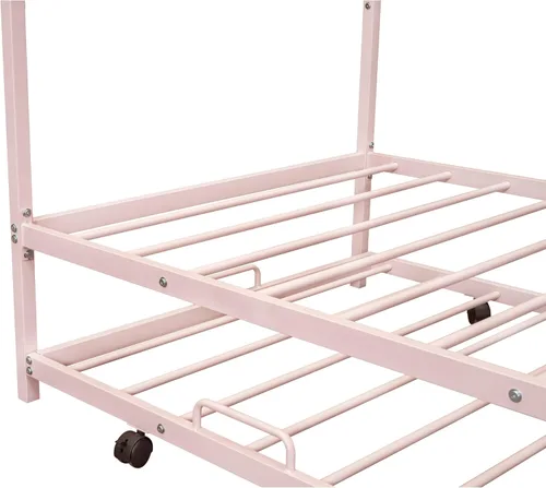 Vista 7 de TRIPLE TREE Marco de cama de casa de tamaño individual con nido, cama de plataforma de metal con divertido techo decorativo, camas Montessori, marco