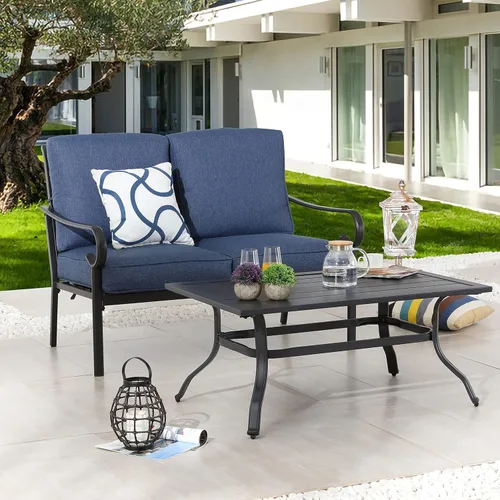 LOKATSE HOME Juego de sofá biplaza de patio de 2 piezas para exteriores acolchado con mesa auxiliar, marco de acero, azul