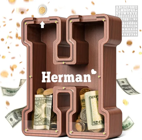 Vista 42 de SummiDate Alcancía de madera de letra para niños y niñas, Alfabeto, regalo de cumpleaños para niños (W)