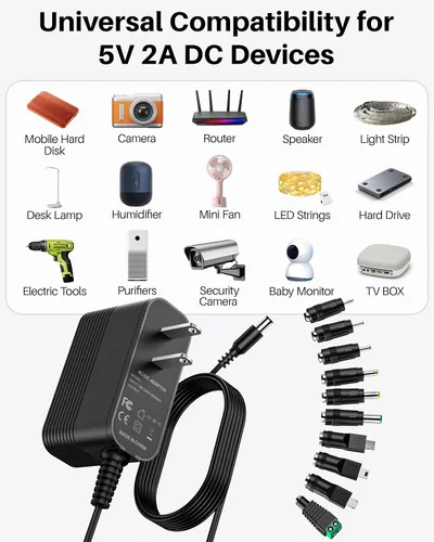 Vista 2 de Adaptador de corriente 5V 2A Cargador de 5V Fuente de alimentación CC para conmutación regulada con 10 tomas intercambiables para 2000mA 1500mA