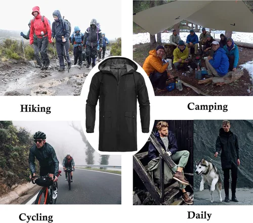 Vista 6 de COOFANDY Chaqueta impermeable para hombre, con capucha, ligera, resistente al viento, para exteriores, larga