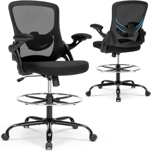 Silla de redacción ergonómica Comuputer Silla de escritorio de pie con brazos abatibles y soporte lumbar, silla de oficina alta con reposapiés