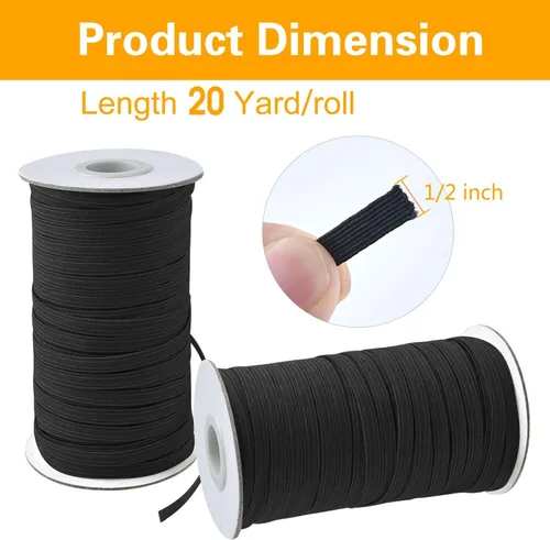 Vista 2 de Coopay Bandas elásticas planas de 40 yardas de largo, 1/2 pulgada de ancho, cuerda elástica plana para coser proyectos de bricolaje, artes y Negro