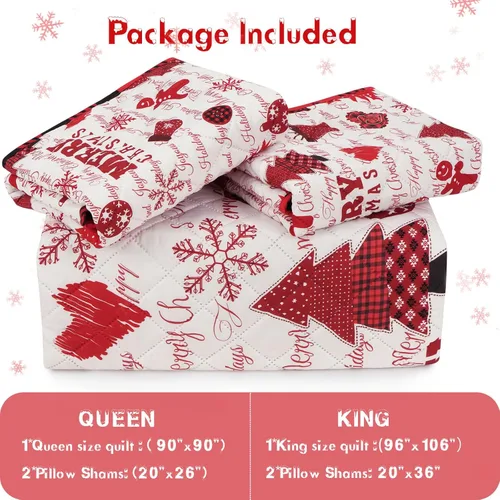 Vista 7 de FRAMICS 3-Piece Christmas Quilt Set Queen Size Holiday Lightweight Reversible Bedspread Coverlet Red Checked Merry Christmas Tree Bedding(1 Quilt, 2