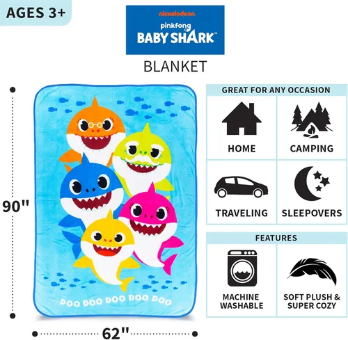 Vista 3 de Franco Ropa de cama para niños, manta de felpa súper suave, 62 x 90 pulgadas, Baby Shark