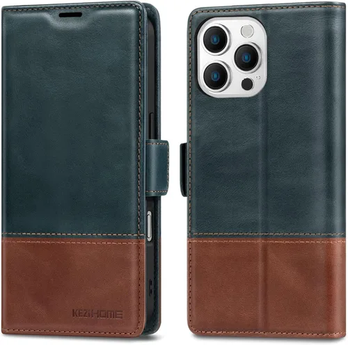 Vista 9 de KEZiHOME Funda tipo cartera para iPhone 14 Pro, de piel auténtica, bloqueo RFID, ranuras para tarjetas, soporte, a prueba de golpes, funda magnética