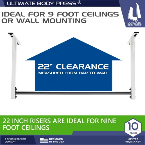 Vista 6 de Barra de dominadas para montaje en pared o techo con barra recta de 48 pulgadas y elevadores de 22 pulgadas, placas de montaje de doble pared