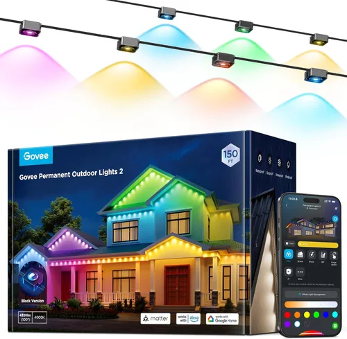 Vista 10 de Govee 2 luces permanentes para exteriores, luces RGBIC de 50 pies para exteriores con 36 luces LED, IP67 impermeable, 100 modos de escena con 40 lm