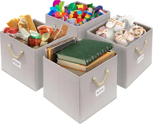 Vista 4 de SIMPLE HOUSEWARE Cubo de almacenamiento de 13 pulgadas con asas trenzadas, paquete de 3, color marfil