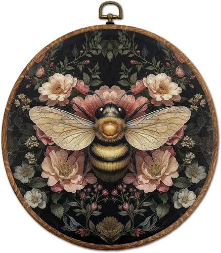 DOFQZ Decoración de pared redonda de abeja floral bohemia vintage, arte de pared enmarcado con abejas oscuras, arte de pared retro botánico Art Deco