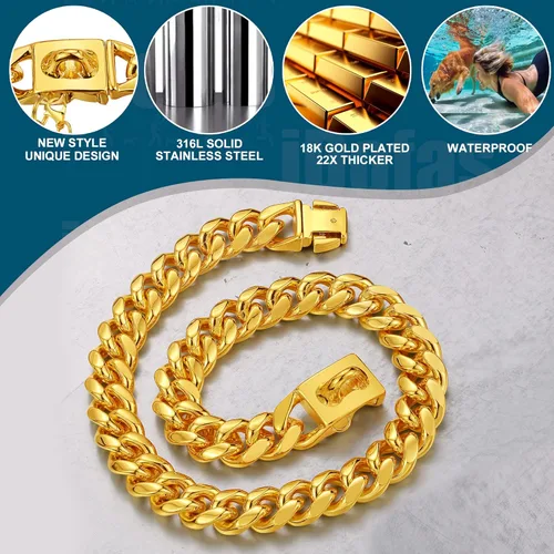 Vista 4 de Collares de cadena para perro, collar de eslabones cubanos con hebilla con campana y placa para perro, acero inoxidable metálico de 10mm, collar