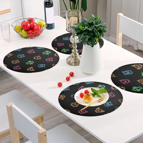 Vista 5 de Neon Cute Faces Black Round Table Placemats, Non Slip Washable Placemats Non Slip for Kitchen Table one sizex1