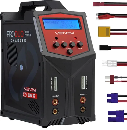 Venom Power Pro Duo LiPo Battery Charger - LCD Screen, Charging Leads - Balance Charger & Discharger for LiPo, LiHV, Li-Ion, Life, NiMH, NiCD, Pb