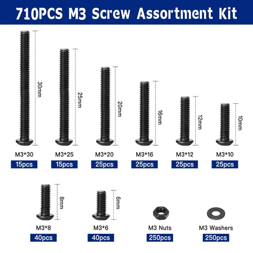 Vista 3 de Kit surtido de tornillos M3 de 710 piezas, tornillos M3 x 6/8/10/12/16/20/25/30mm, tornillos M3 de acero de aleación de grado 10.9, tornillos