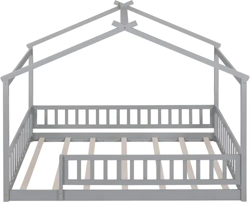 Vista 2 de Harper & Bright Designs Cama Montessori de tamaño matrimonial, cama de piso para niños con barandilla de valla, marcos de cama matrimonial de madera