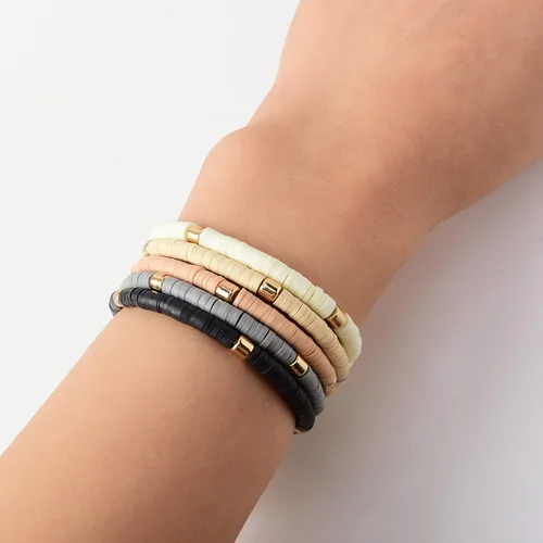 Vista 3 de Pulseras de cuentas de arcilla estilo heishi surfista para mujer, con discos de vinilo y dije de mal de ojo, apilables, pulseras elásticas