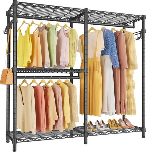VIPEK V4 - Perchero resistente para colgar ropa, capacidad de carga de 810 libras, perchero de doble barra con estantes ajustables y ganchos Negro