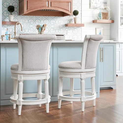 Vista 5 de New Ridge Home Goods Chapman Taburetes de bar giratorios de madera de 26 pulgadas, con respaldo alto, color blanco alabastro