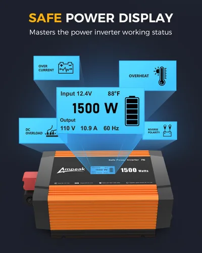 Vista 4 de Ampeak - Inversor de onda sinusoidal modificada de 1500 W, 12 V CC a 110 V CA, 17 protecciones