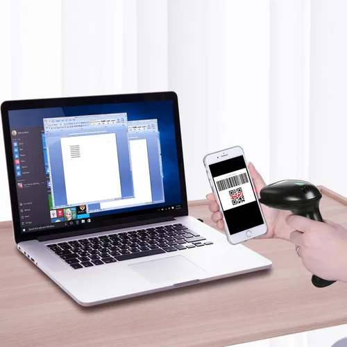 Vista 2 de WoneNice Escáner de código de barras inalámbrico 1D 2D con soporte, escáner automático de código QR de mano CMOS lector de códigos de barras
