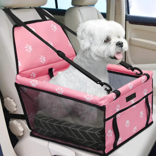 Vista 29 de PetsHome Asiento de coche para perros plegable, asiento elevador de coche para perros impermeable y transpirable Oxford, bolsa de viaje para perros