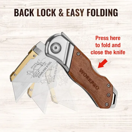Vista 4 de WORKPRO Folding Utility Knife with Belt Clip and Extra 10-piece Blades, Wood Handle Heavy Duty Cutter, Quick-change & Back Lock