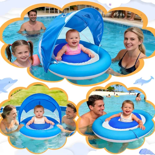 Vista 6 de Dolphin Baby Float with Canopy for Age 6-36 Months UPF 50+ Sun Protection Never Flip Over Dual Air Chambers Adjustable Safety Seat 4 Stage