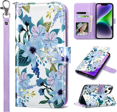 Vista 11 de ULAK Funda tipo cartera compatible con iPhone 14 para mujer, de piel sintética, diseño floral, con tarjetero y función atril, funda protectora tipo