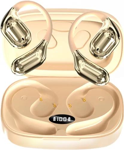 Open Ear Headphones, True Wireless Bluetooth Earphones with Mic, Ultra-Comfort Sport Headset with LED Display, Powerful Sound, IPX4 Waterproof, Beige