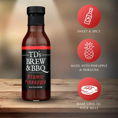 Vista 5 de TD's Brew & BBQ "ATOMIC PINEAPPLE" Salsa/tds brew y barbacoa/piña/chile/salsa de barbacoa/salteado/dulce y picante