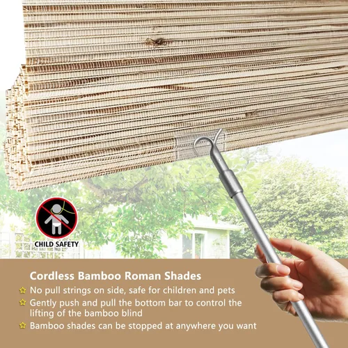 Vista 6 de FACIMI Persianas de Bambú Opacas sin Cordón para Ventanas, Persianas Romanas de Filtrado de Luz con Cenefa de 6 Pulgadas de Alto, con Forro