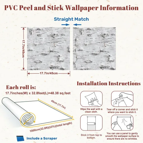 Vista 3 de Papel tapiz autoadhesivo de 17.7 x 393.7 pulgadas, textura de corteza de abedul blanco, nudos naturales, decoración de pared horizontal, papel