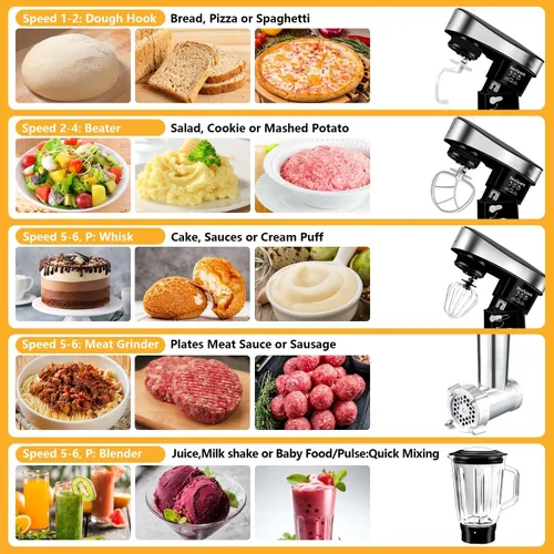 Vista 4 de Batidora de pie multifuncional, batidora de pie 6 en 1, cabezal inclinable de 6.3 cuartos de galón, batidora de pie con tazón de acero inoxidable