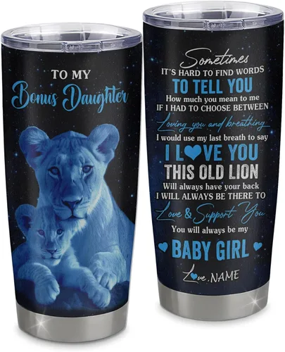 Vista 26 de Vaso de acero inoxidable personalizado con texto en inglés «To My Bonus Daughter From Stepmom», vaso curvado de 20 onzas con diseño de girasol