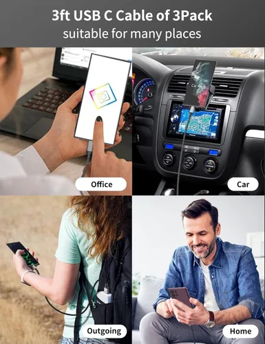 Vista 5 de Cable USB a USB C de 3 pies 3A, paquete de 3 cables USB tipo C de carga rápida, cable de carga USB A a USB-C trenzado de 3 pies para iPhone 17 16 15
