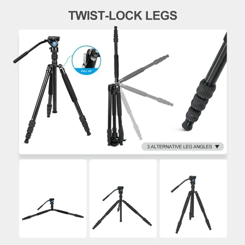 Vista 4 de Sirui Trípode de cámara de aluminio con monopié y cabeza de panorámica fluida VA-5, kit de trípode resistente de 160 cm para cámara DSLR