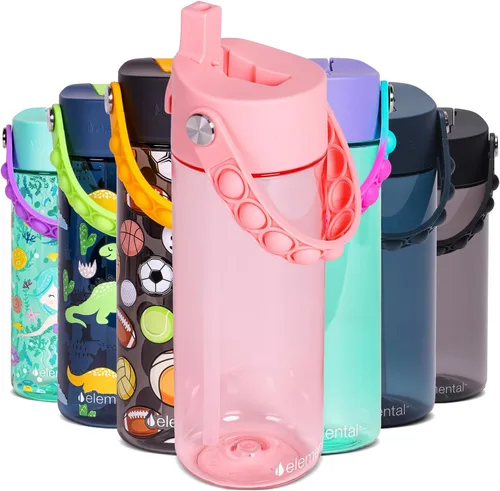 Vista 149 de Elemental Botellas de agua para niños – Botella de agua para niños Splash para la escuela con mango Pop-it – Botella de agua de plástico Tritan sin