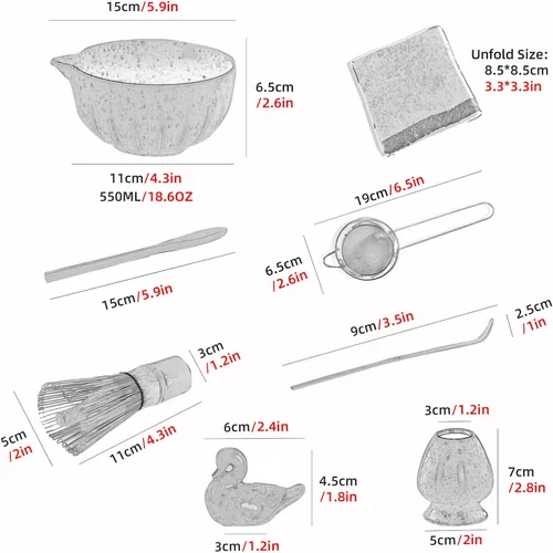 Vista 2 de Accesorio de ceremonia de matcha, batidor de matcha glaseado temmoku, cuchara tradicional (chashaku), cuchara de té, soporte para batidor, 1 tazón