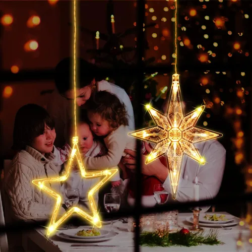 Vista 2 de 5 Piezas Luces Navideñas para Ventana Decoraciones Letrero Iluminado de Navidad Blanco Cálido Funciona con Pilas Telón de Fondo Luces de Silueta