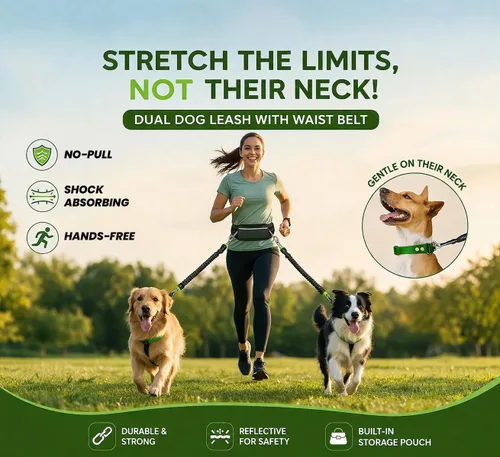 Vista 2 de Correa de perro manos libres para 2 perros – Correa elástica doble para correr con cinturón ajustable, giro de 360° sin enredos, absorción