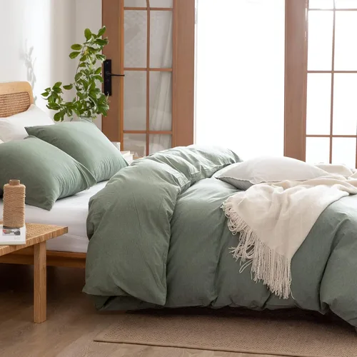 Vista 4 de Juego de funda de edredón verde tamaño King, 100% algodón lavado con textura similar al lino de 3 piezas, funda de edredón de estilo simple, lujosa